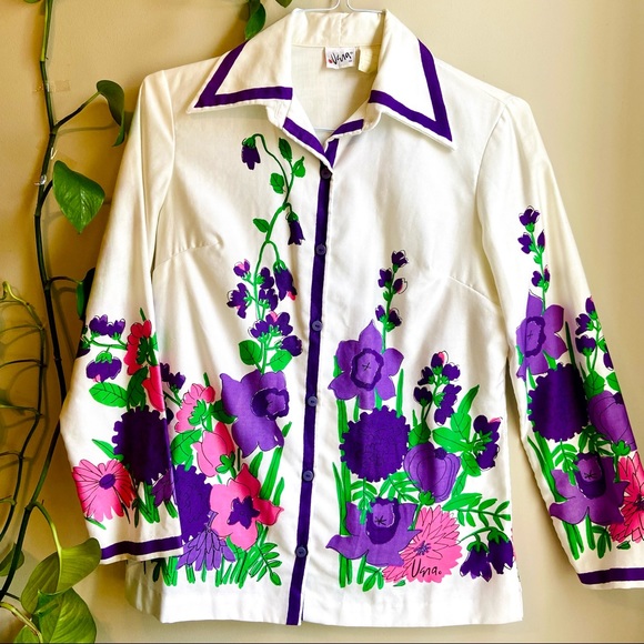 VTG 1970s Vera print button down blouse-M - Picture 1 of 7